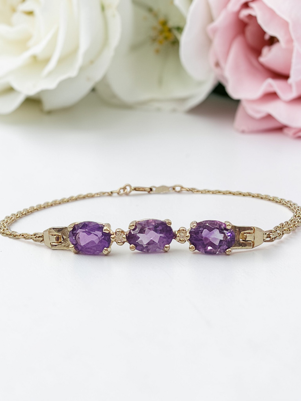 Vintage ATL Solid 14K Yellow Gold Bracelet with Amethyst & White Topaz 7.5 Inch