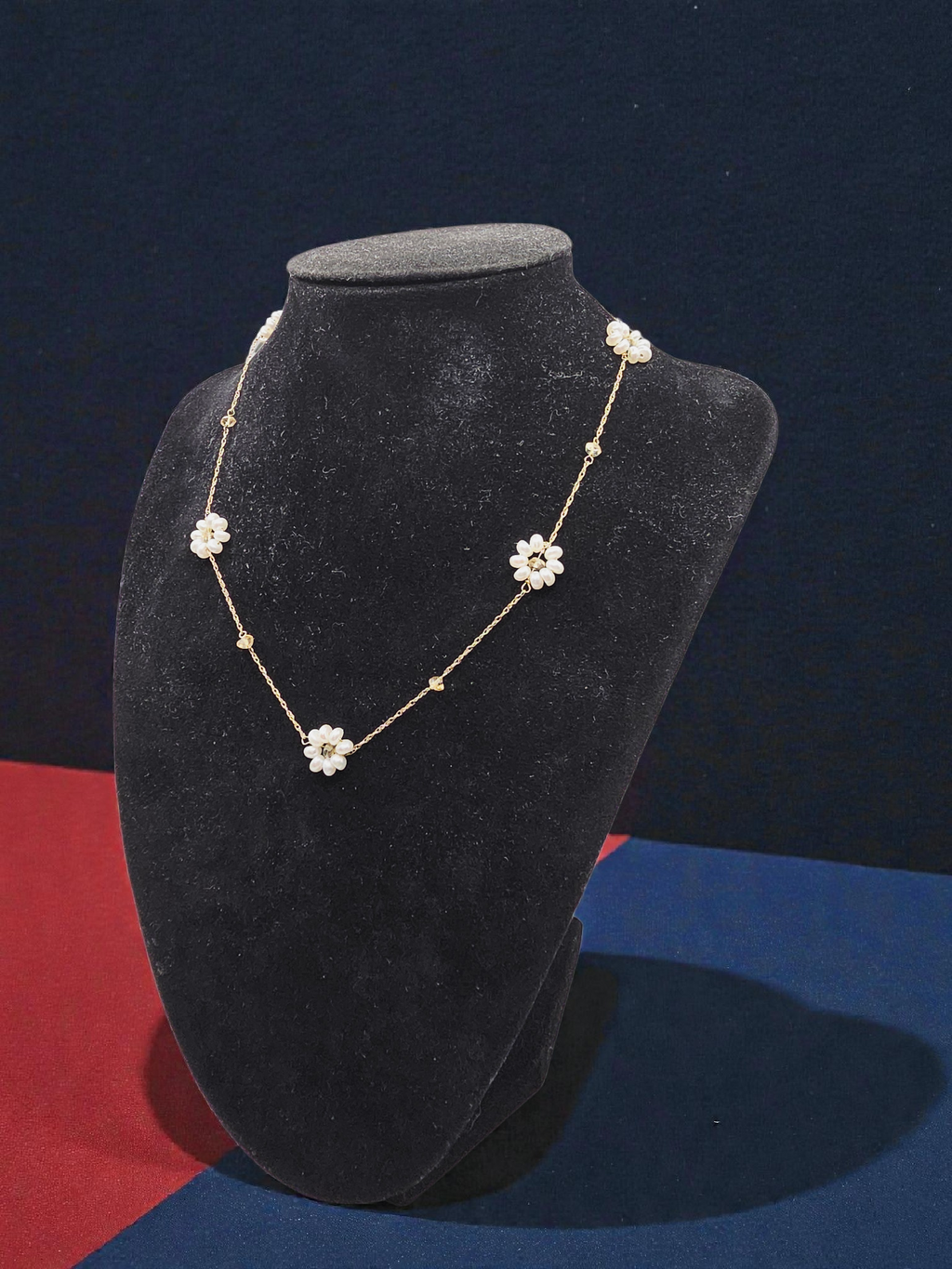 Solid 14K Yellow Gold Chain Necklace with Floral Pearl Accents - 15 Inches