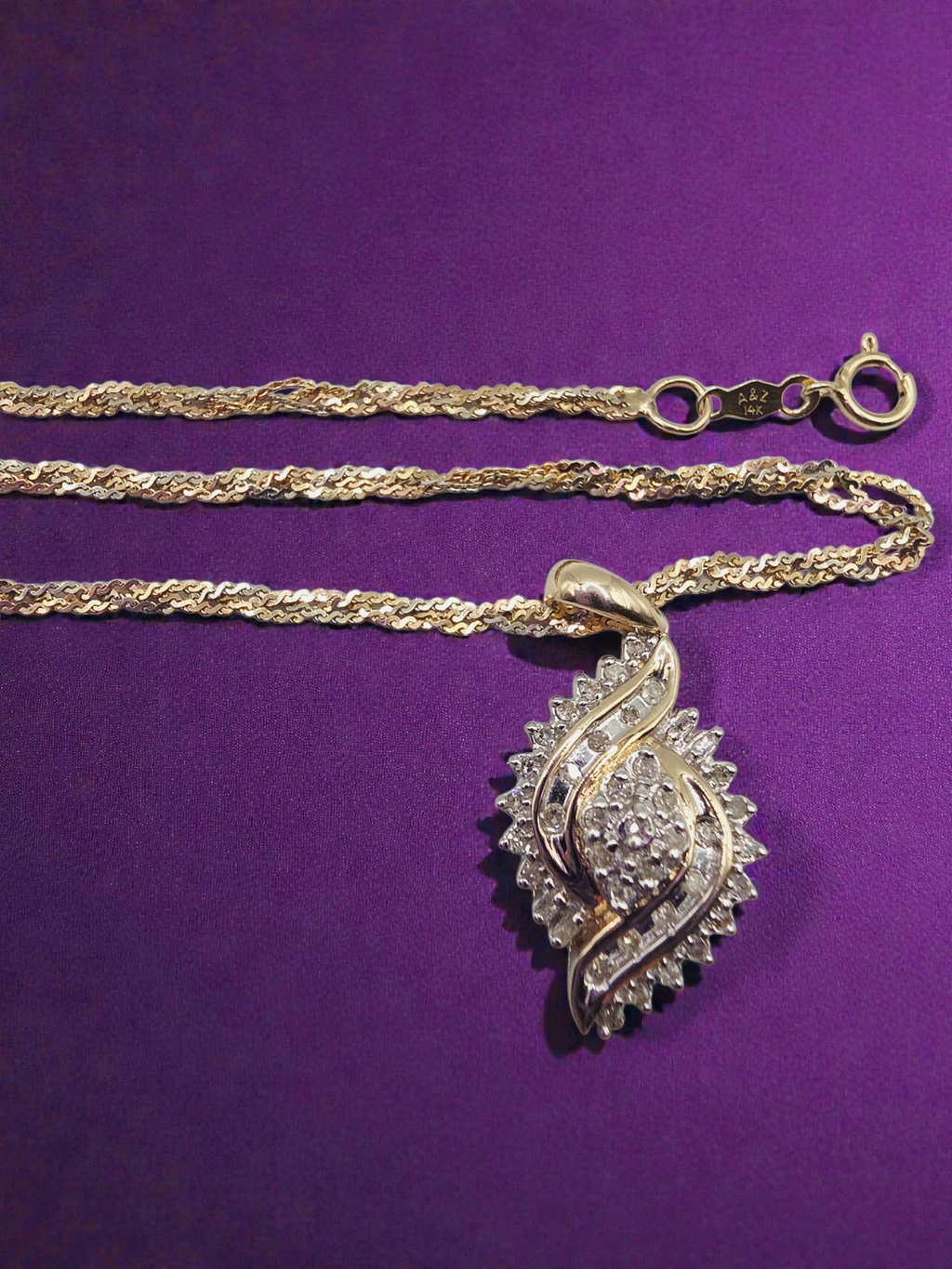 Solid 14K Gold Braided S-Link Chain Necklace with Solid 10K Diamond Pendant