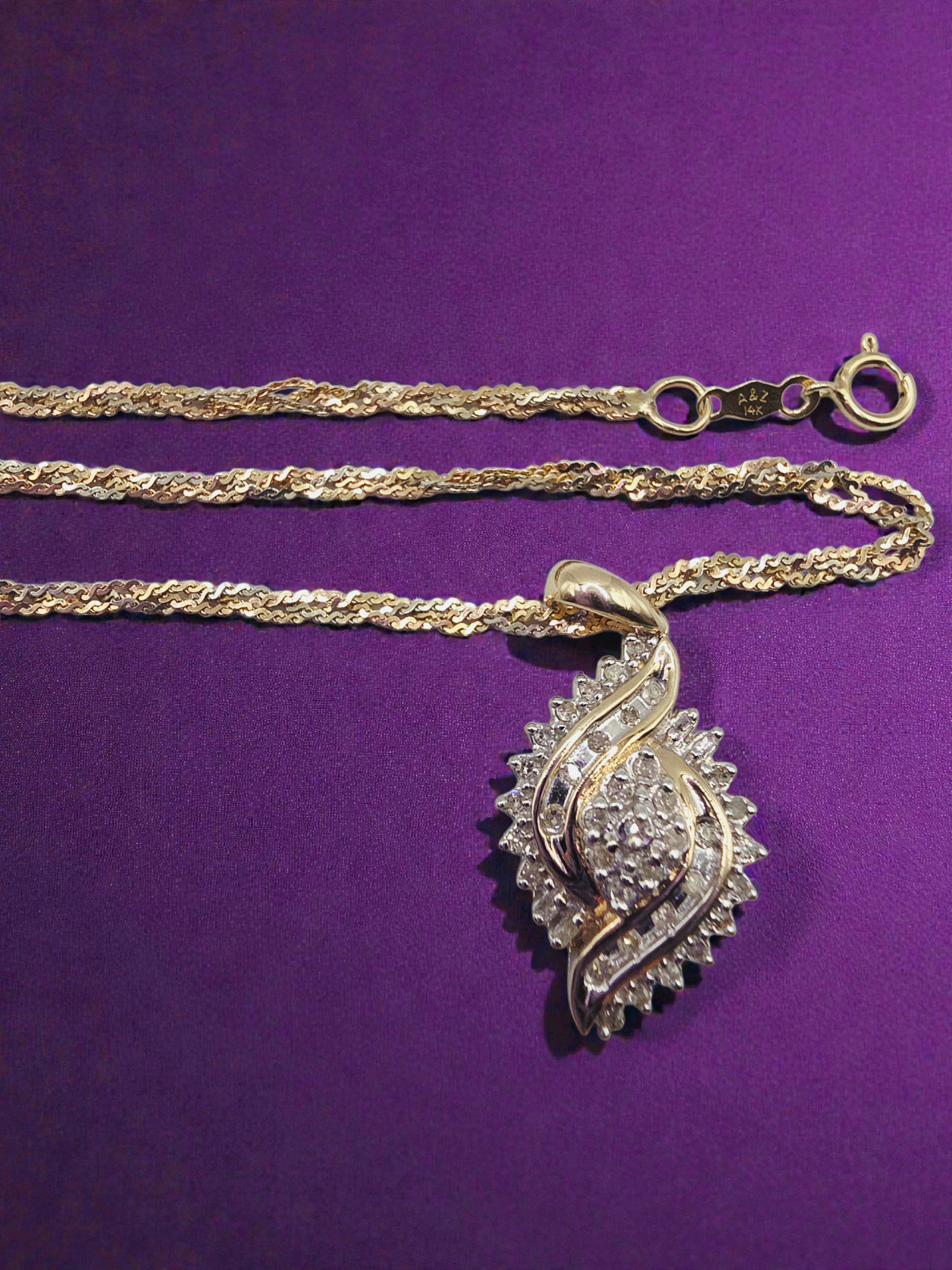 Solid 14K Gold Braided S-Link Chain Necklace with Solid 10K Diamond Pendant