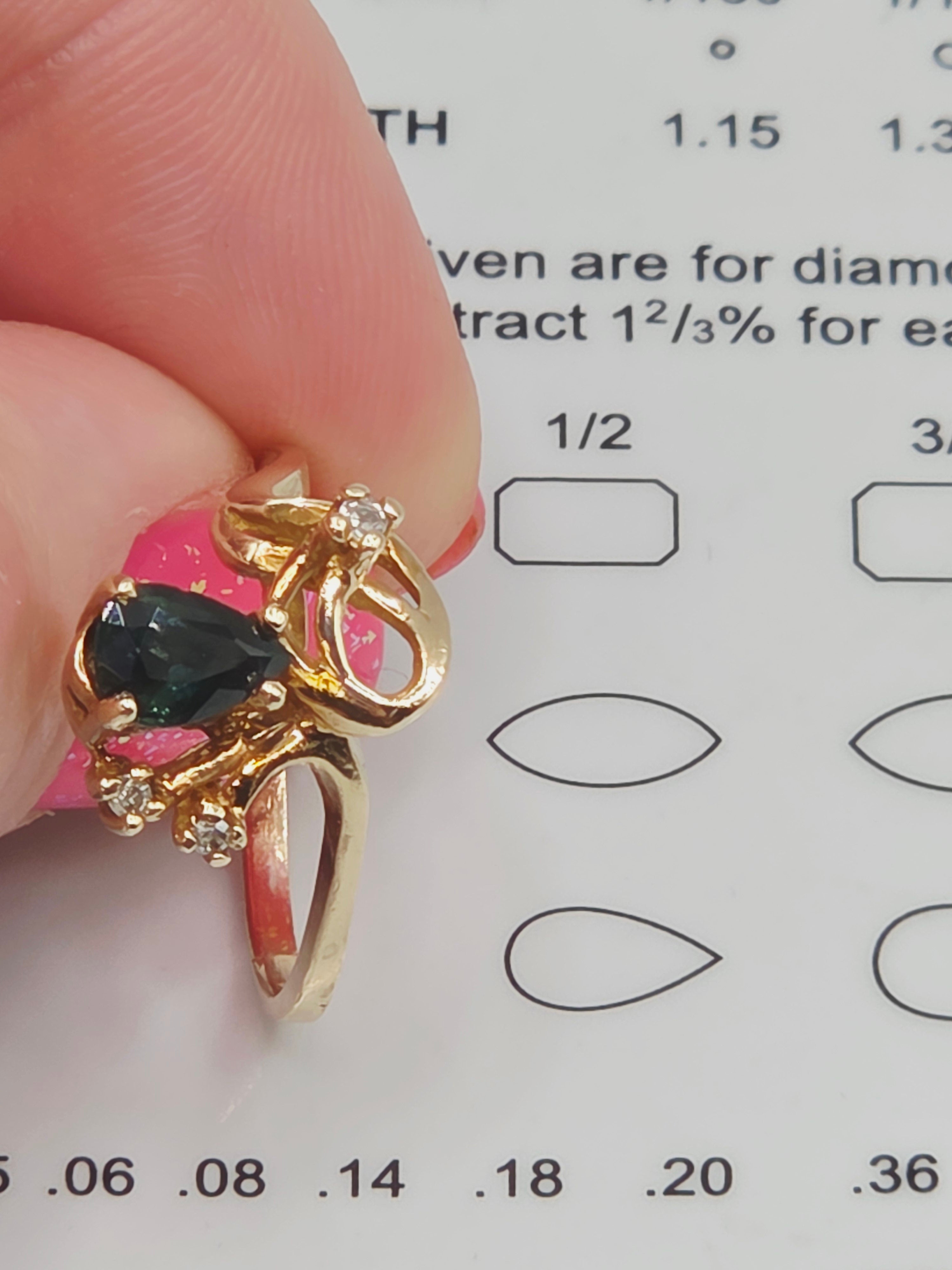 Solid 10K Gold Ring with Pear-Cut Blue Sapphire & Diamond Accents – Size 5.75