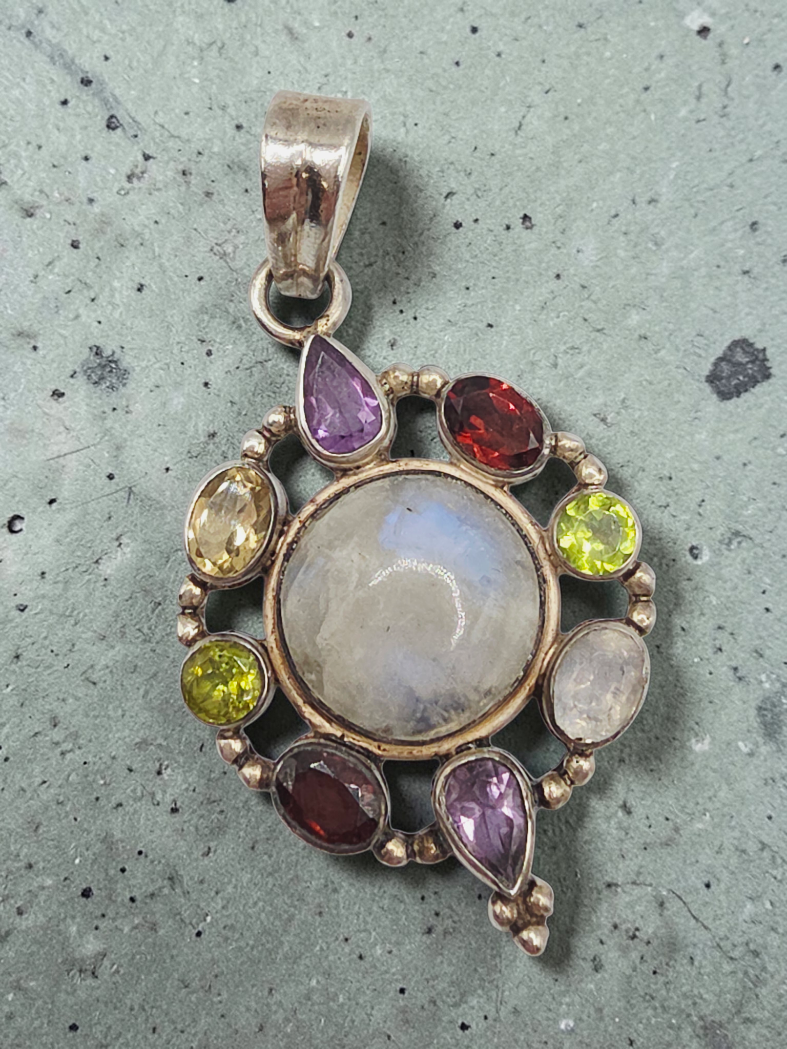 925 Sterling Silver Moonstone Pendant with Amethyst Garnet Peridot Halo