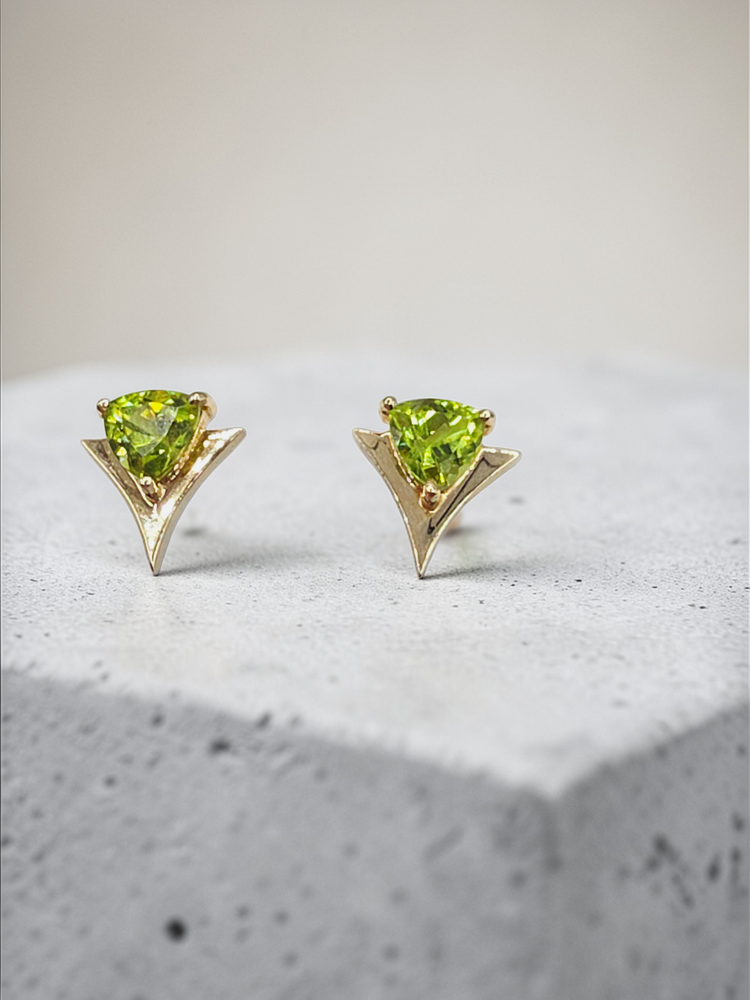 Solid 14K Yellow Gold Trillion Cut Peridot Stud Earrings