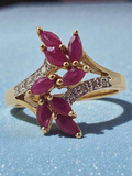 Solid 10K Gold Ring with Marquise-Cut Ruby Cluster & Diamond Accents - Size 6.75