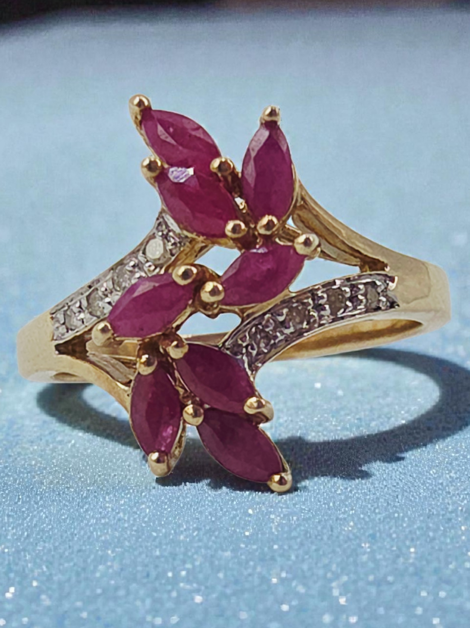 Solid 10K Gold Ring with Marquise-Cut Ruby Cluster & Diamond Accents - Size 6.75