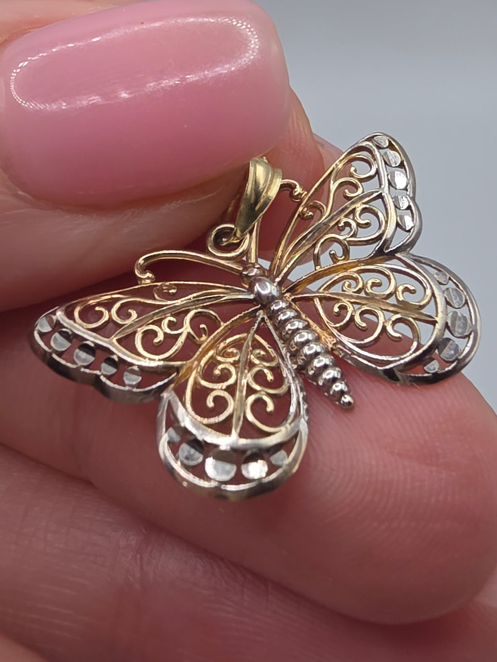 Solid 10K Two Tone Gold Filigree Butterfly Pendant Openwork Scrollwork