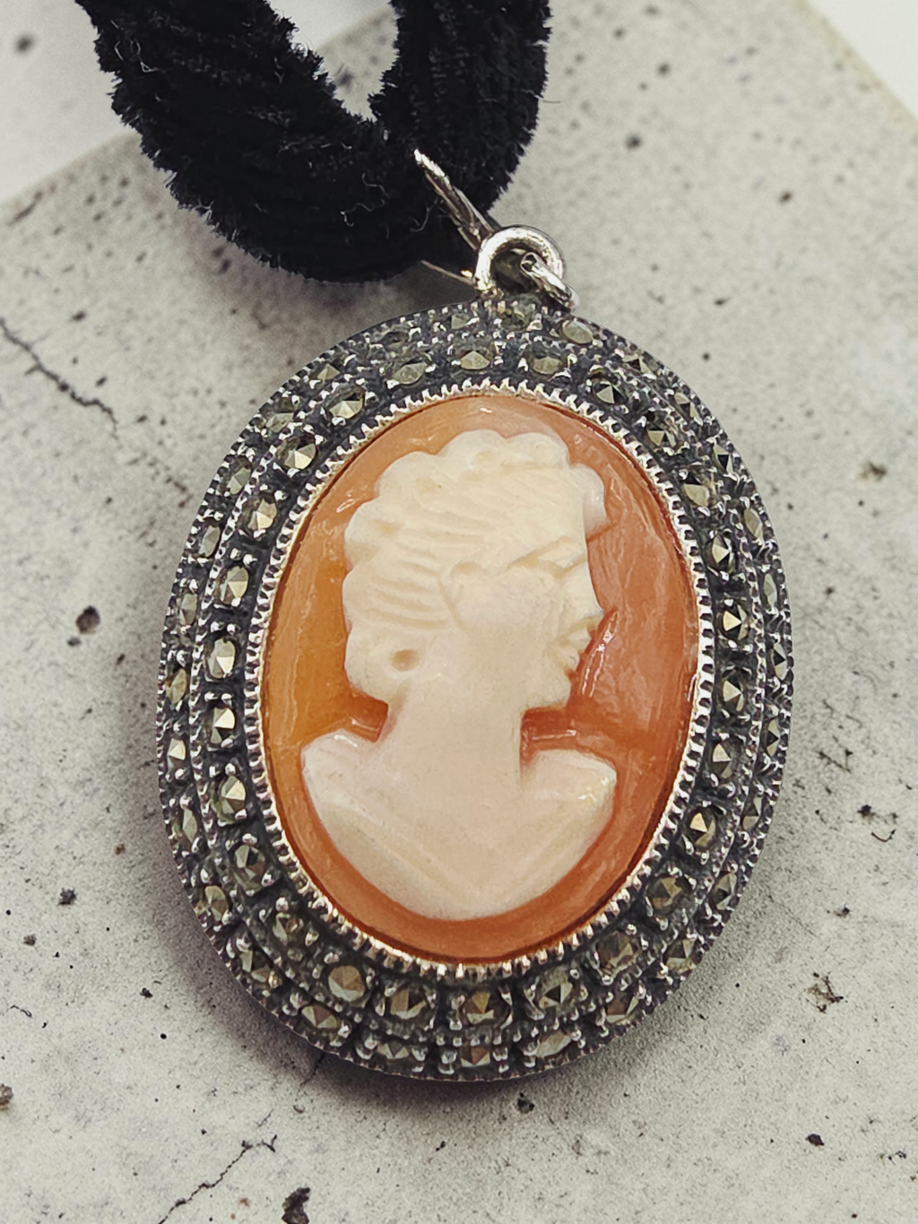 Judith Jack Sterling Silver Marcasite Cameo Pendant Velvet Necklace - Adjustable