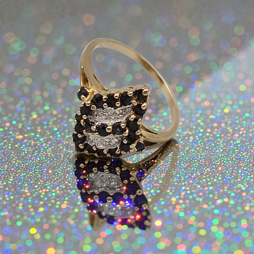 Solid 14K Gold Ring with Sapphires and Diamond Accents – Size 6.75