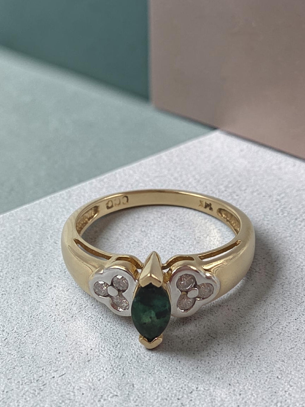 Vintage Black Hills Gold CCO Solid 14K Marquise Emerald Diamond Ring Size 6.75