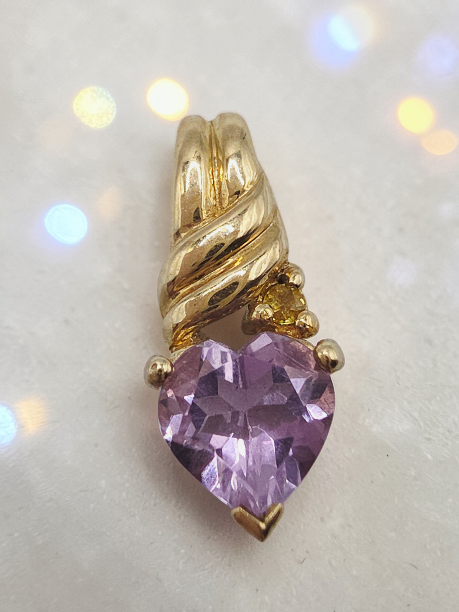 Solid 10K Yellow Gold Heart Cut Amethyst Pendant with Citrine Accent