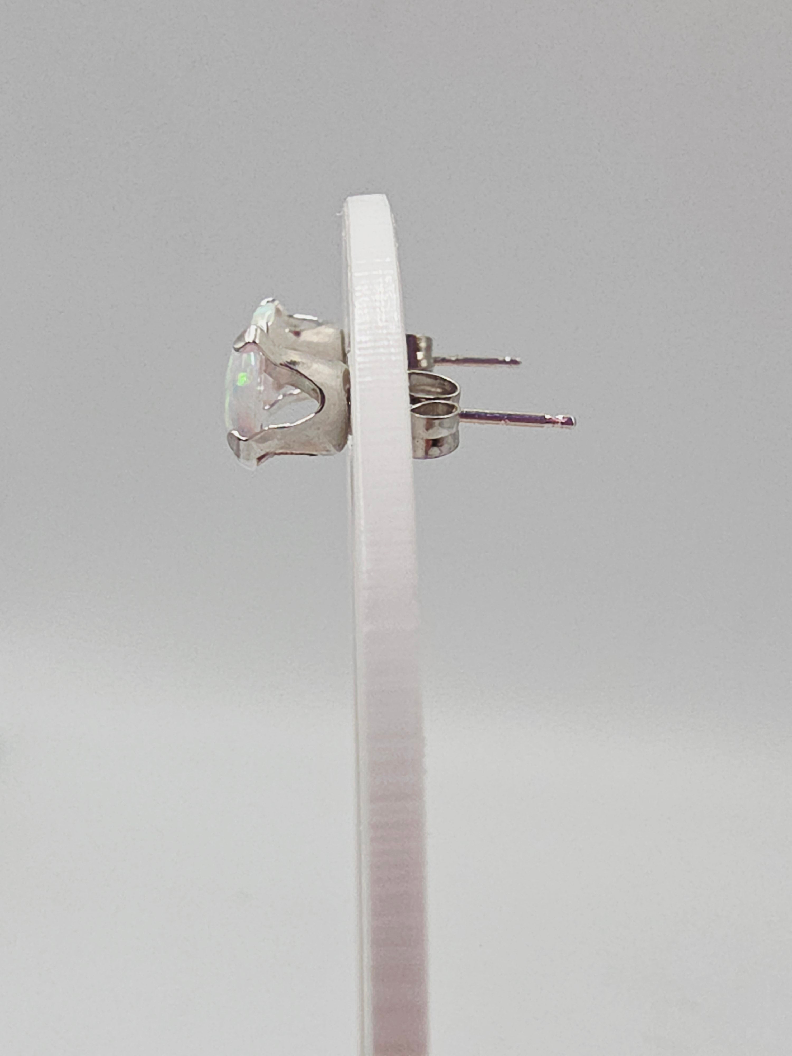Solid 10K White Gold Opal Stud Earrings Round Cabochon October Birthstone