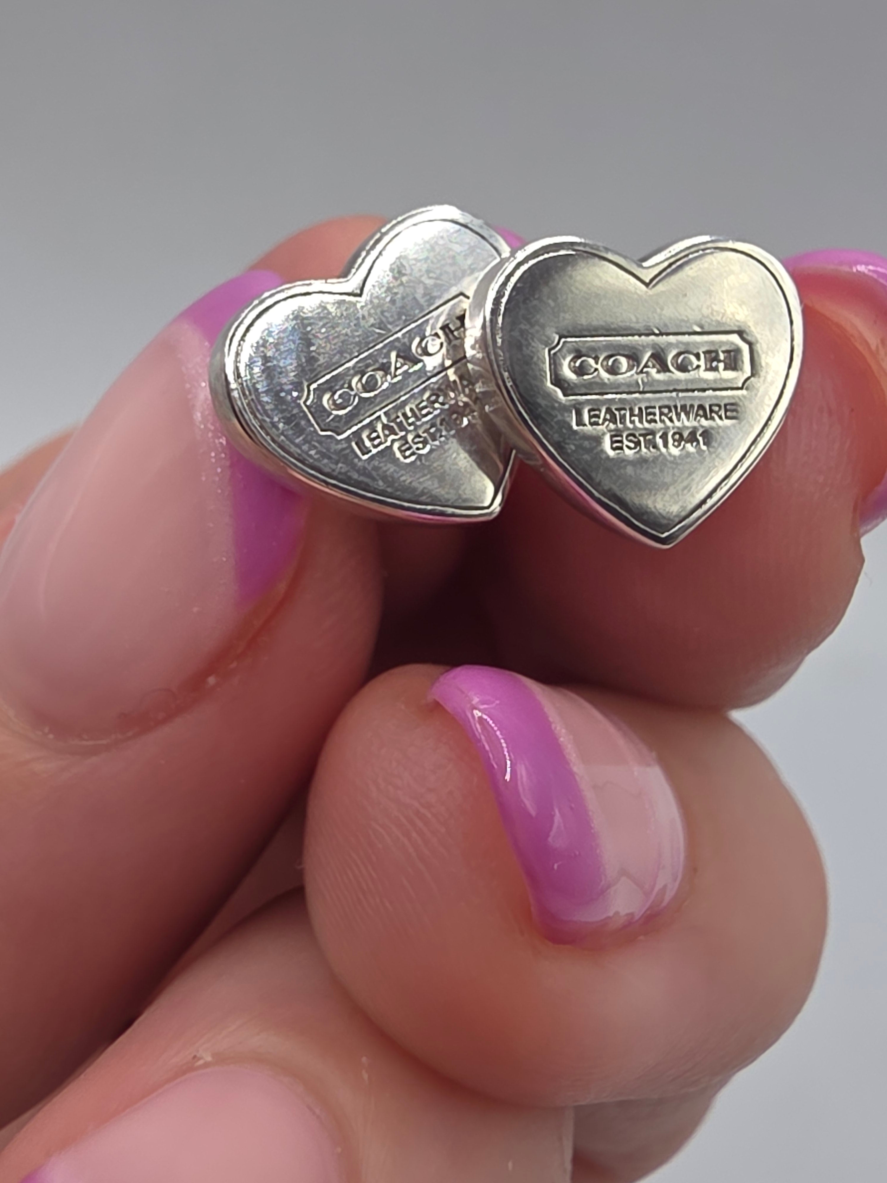 Authentic Rare Vintage Coach Heart Stud Earrings 925 Sterling Silver