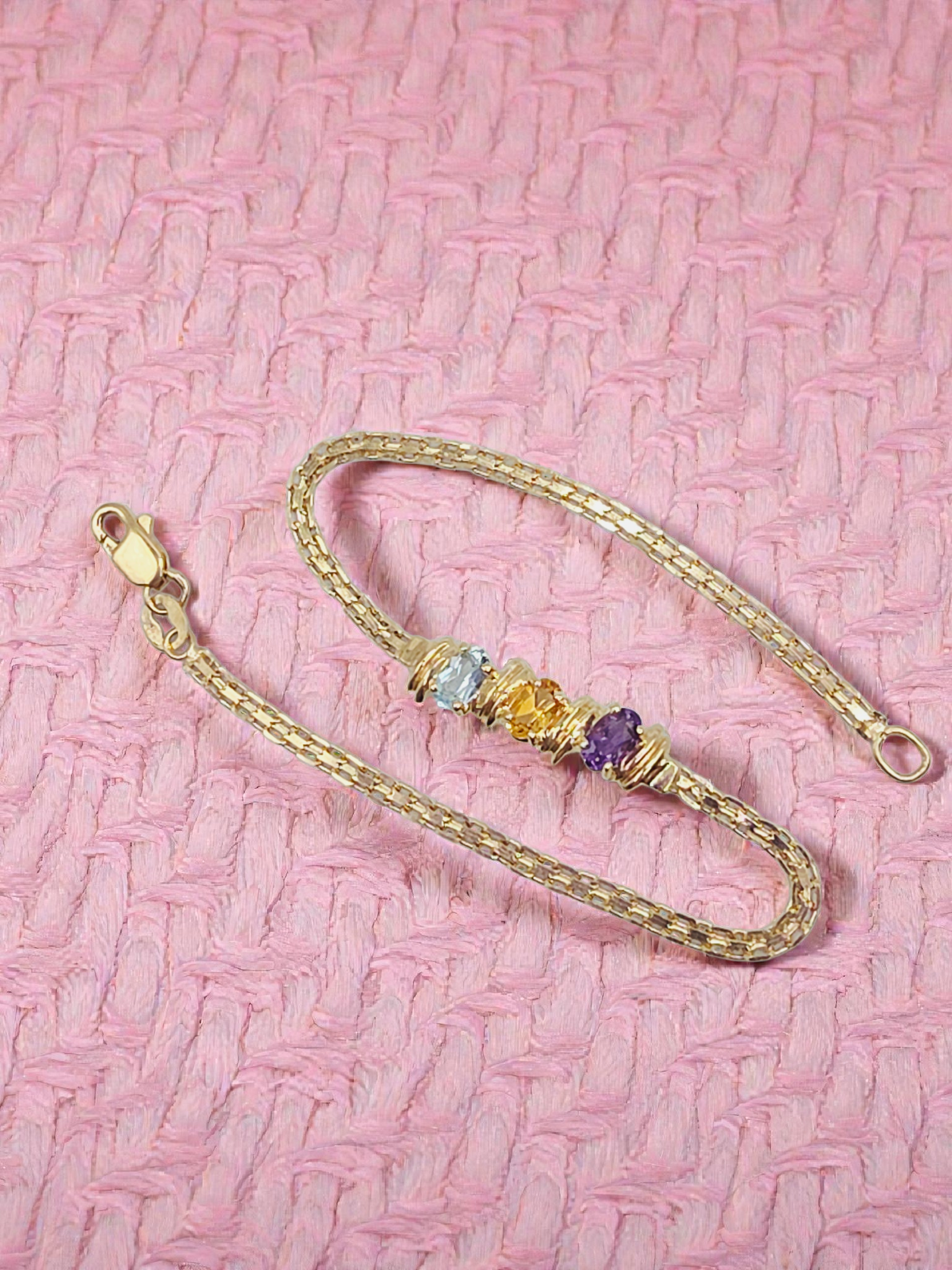 Solid 14K Gold Bracelet with Amethyst, Citrine, and Blue Topaz - 7 Inch
