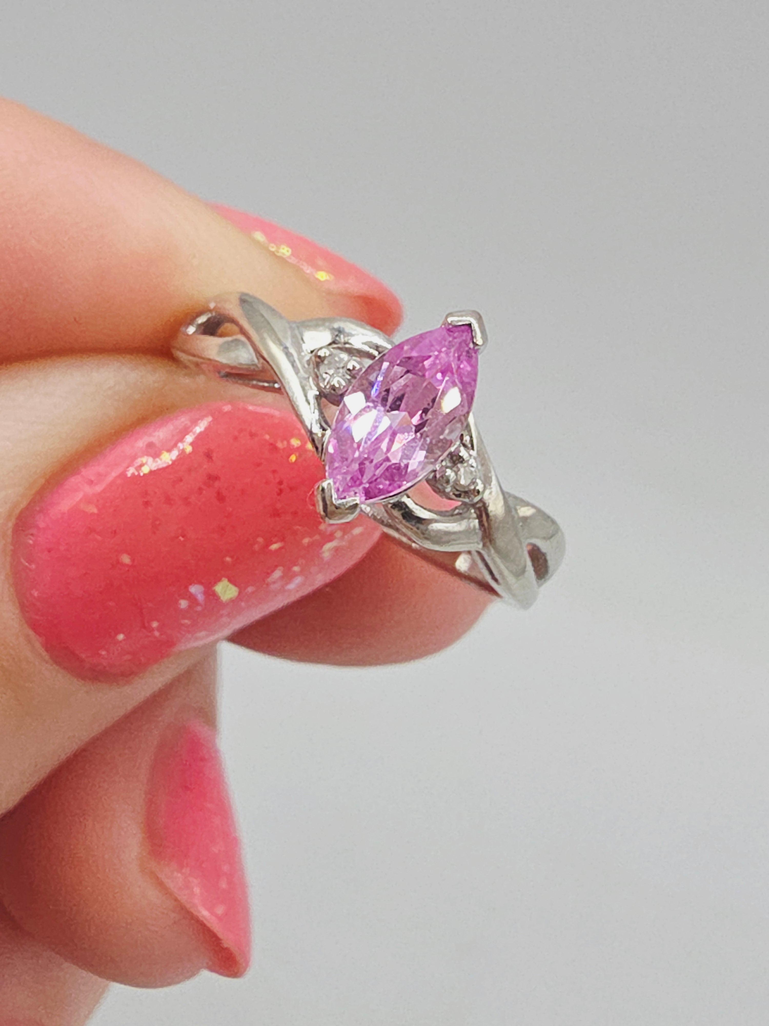 Solid 10K White Gold Ring with Marquise Cut Pink Sapphire - Size 5.75