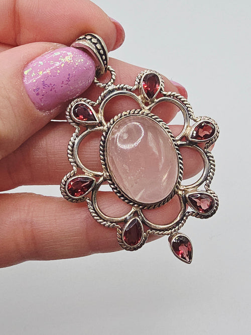 925 Sterling Silver Pendant with Rose Quartz and Rhodolite Garnet Halo