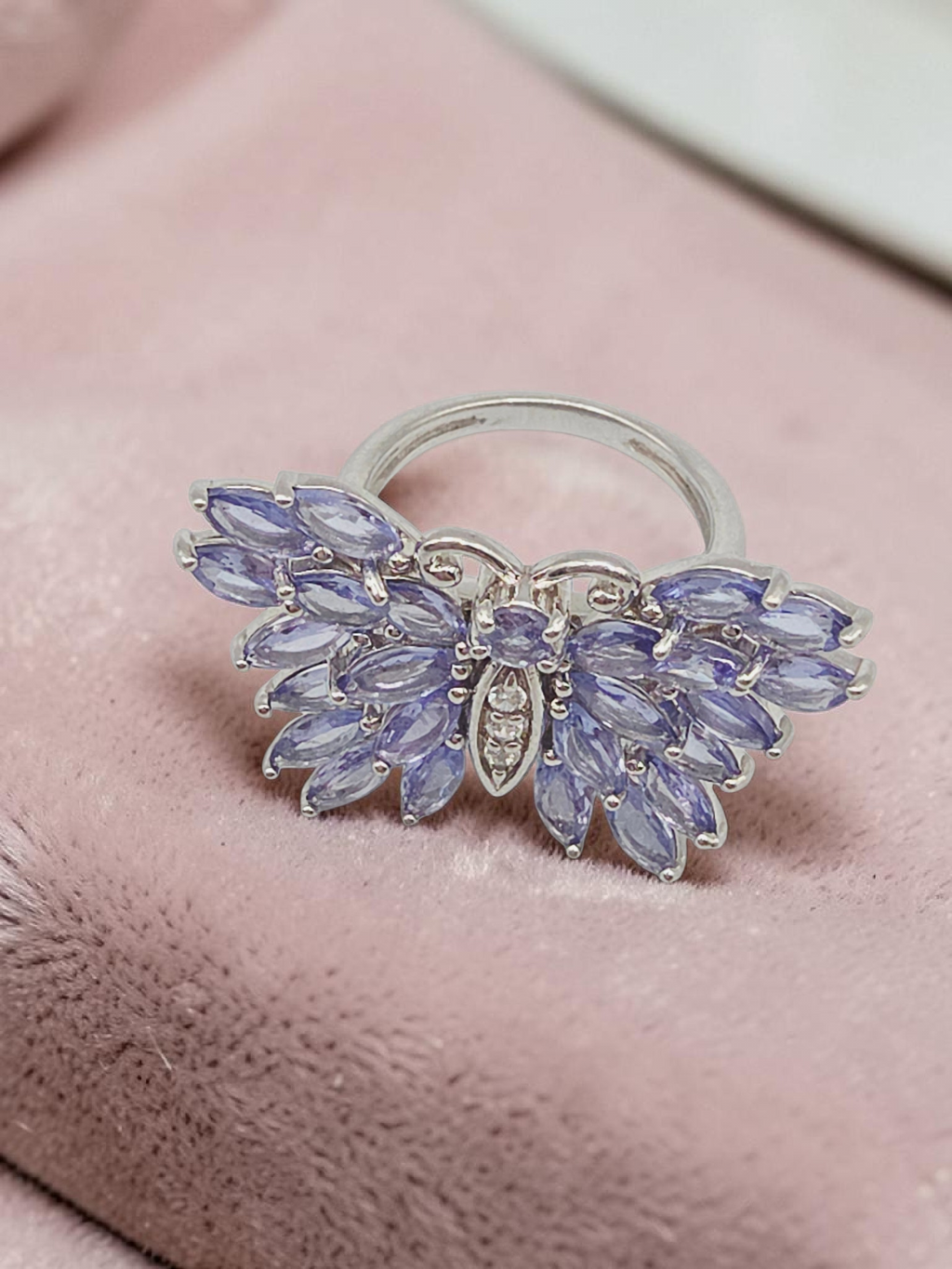 Sterling Silver Butterfly Ring with Iolite Wings and White Topaz Body - Size 5