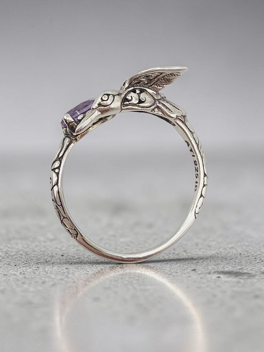 925 Sterling Silver Ring with Pear Cut Amethyst & Hummingbird - Size 8