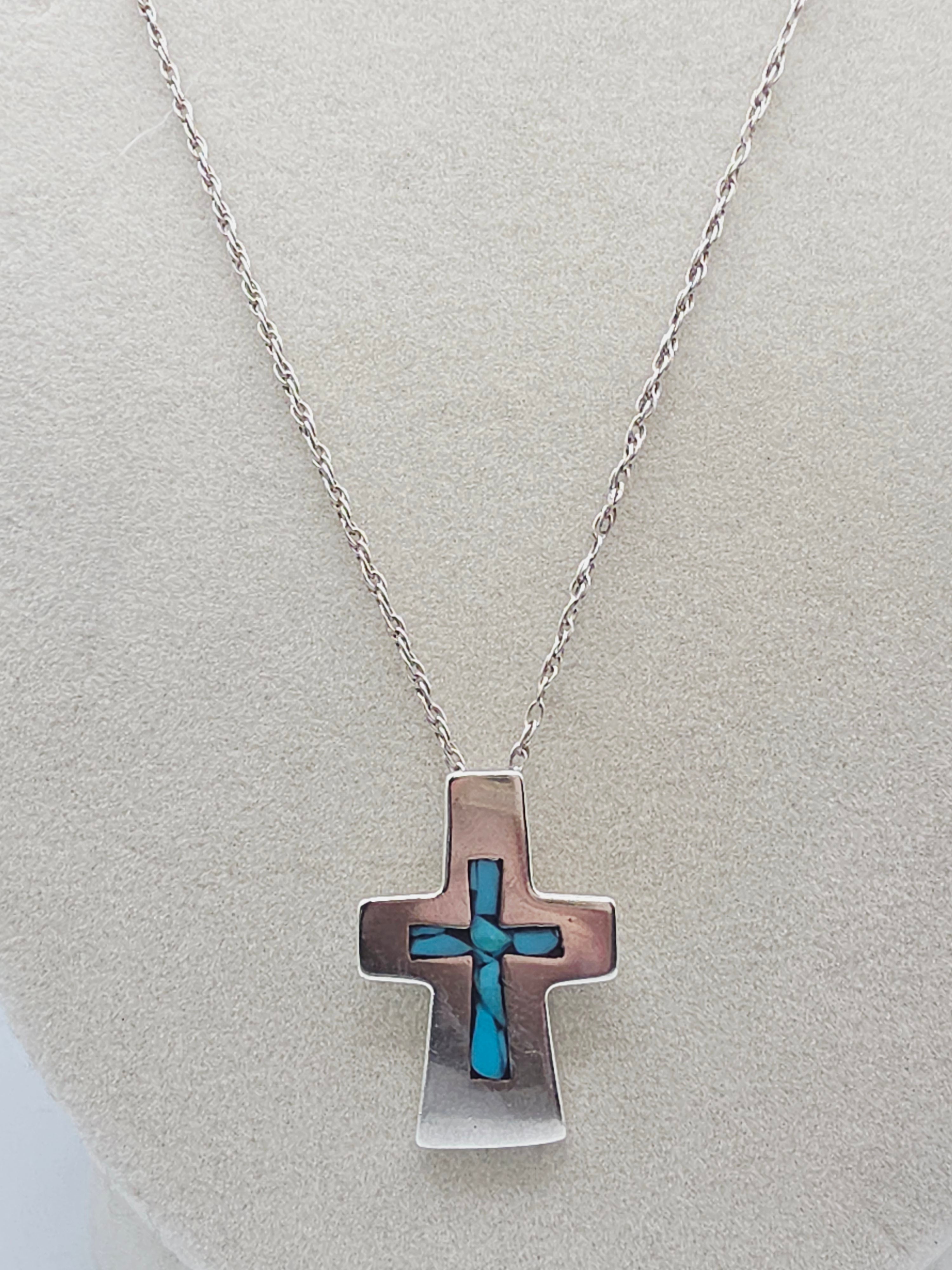 925 Sterling Silver Cross with Blue Inlay Pendant Necklace – 19 Inch