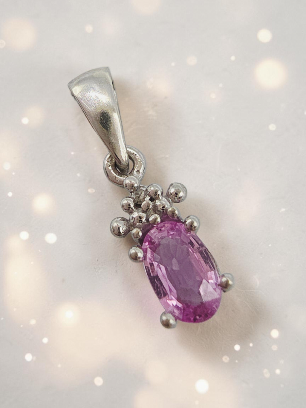 STS Jewels Solid 10K White Gold Pink Sapphire Petite Pendant with Diamond Accent