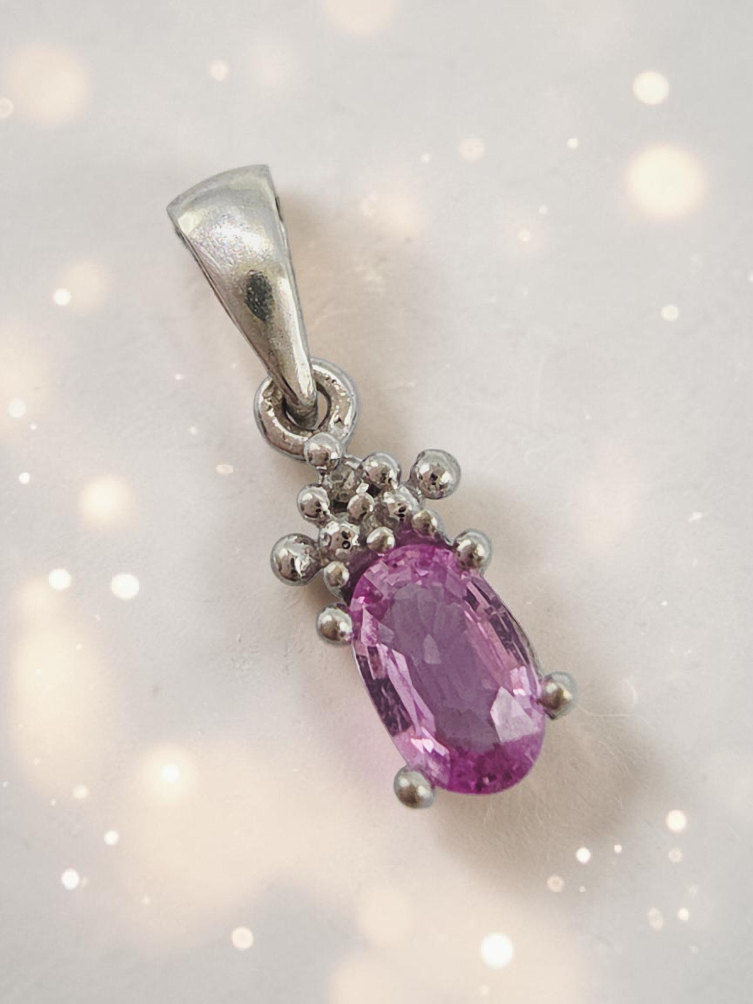 STS Jewels Solid 10K White Gold Pink Sapphire Petite Pendant with Diamond Accent