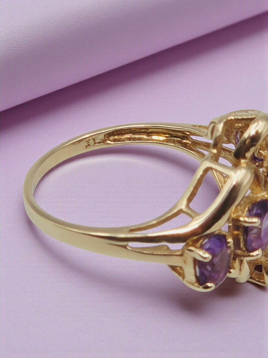 Solid 10K Yellow Gold Ring with Amethyst Cluster- Size 6