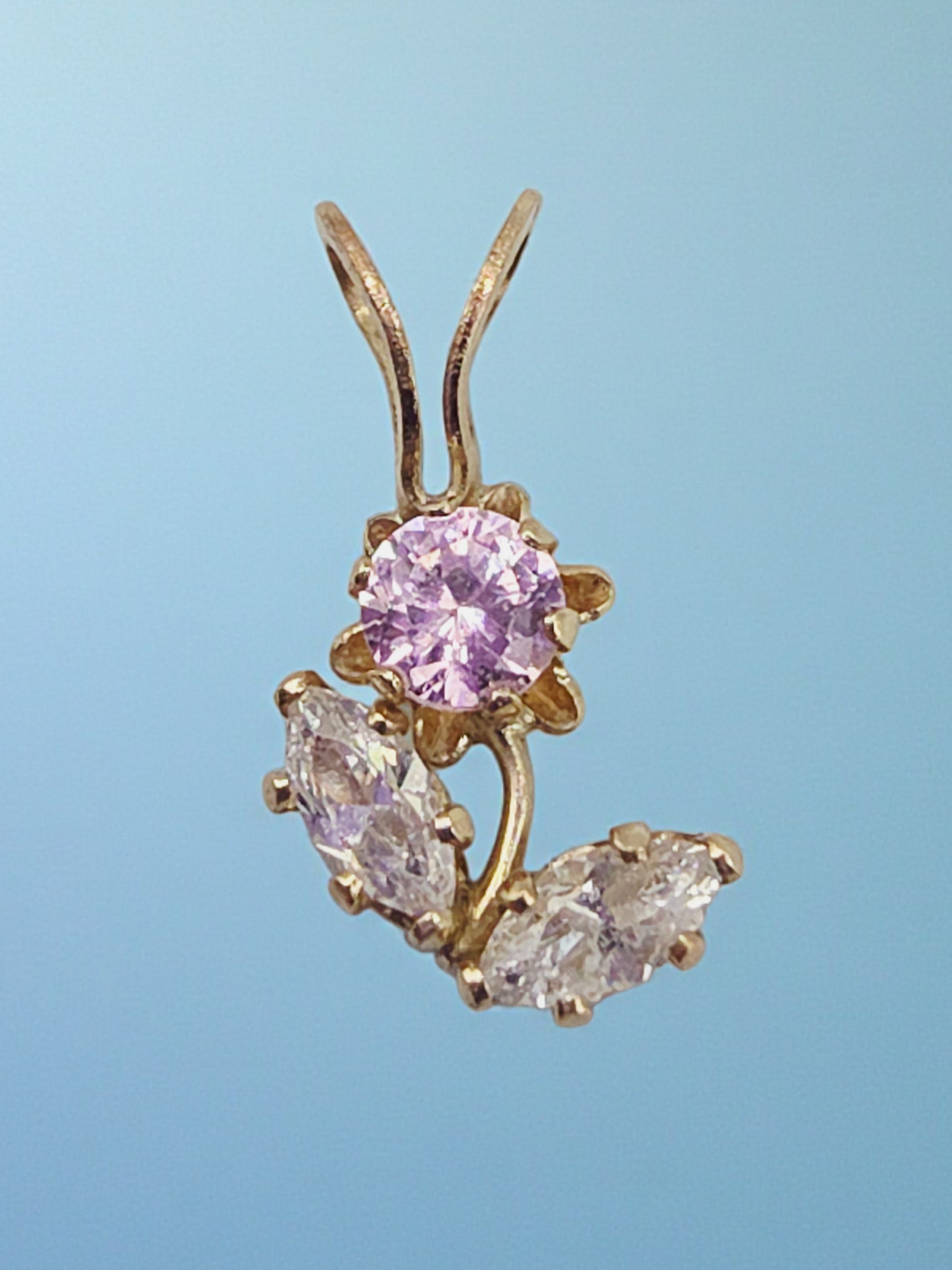 Solid 10K Yellow Gold Flower Necklace Pendant with Pink & White CZs