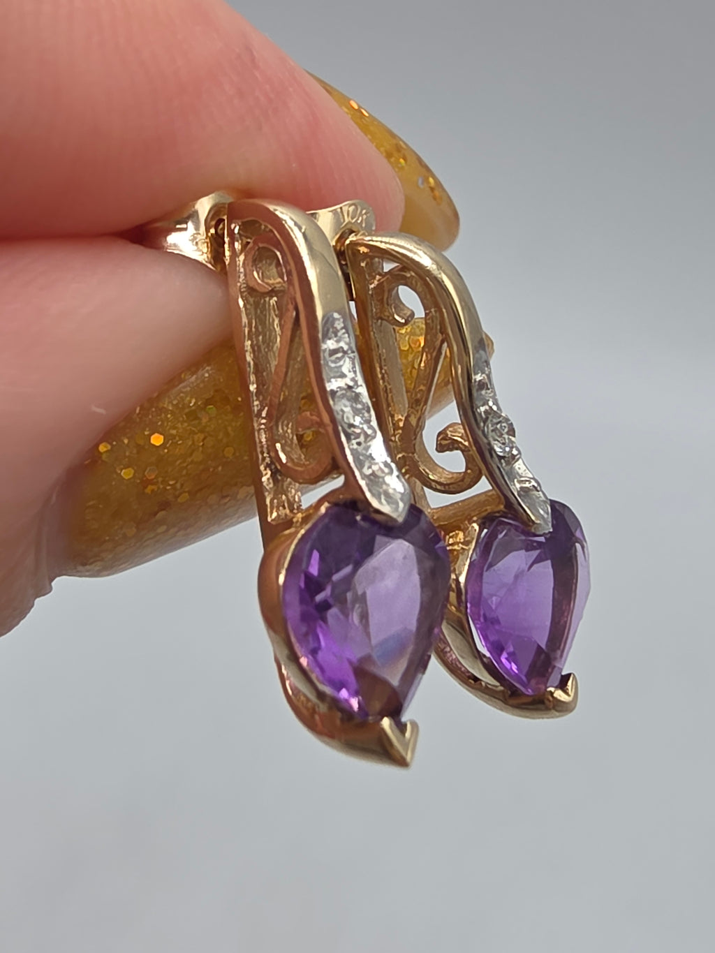 SDC Creations Solid 10K Yellow Gold Heart Cut Amethyst Diamond Drop Earrings