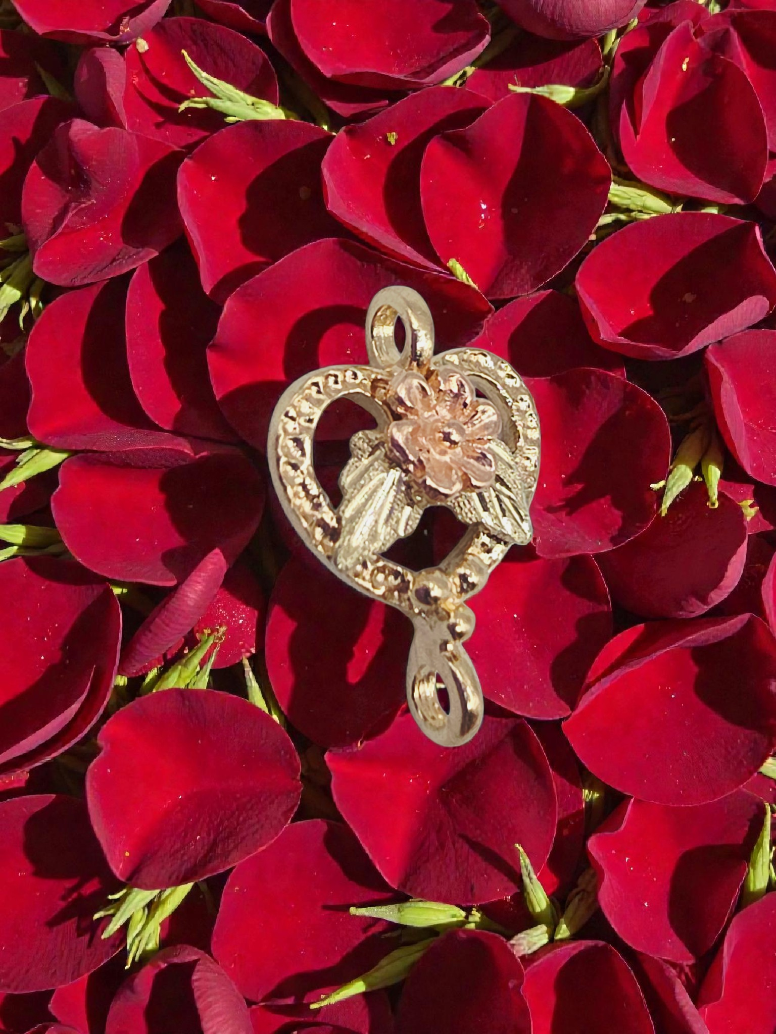 Black Hills Solid 10K Tri-Color Gold Rose Flower Heart Necklace Pendant