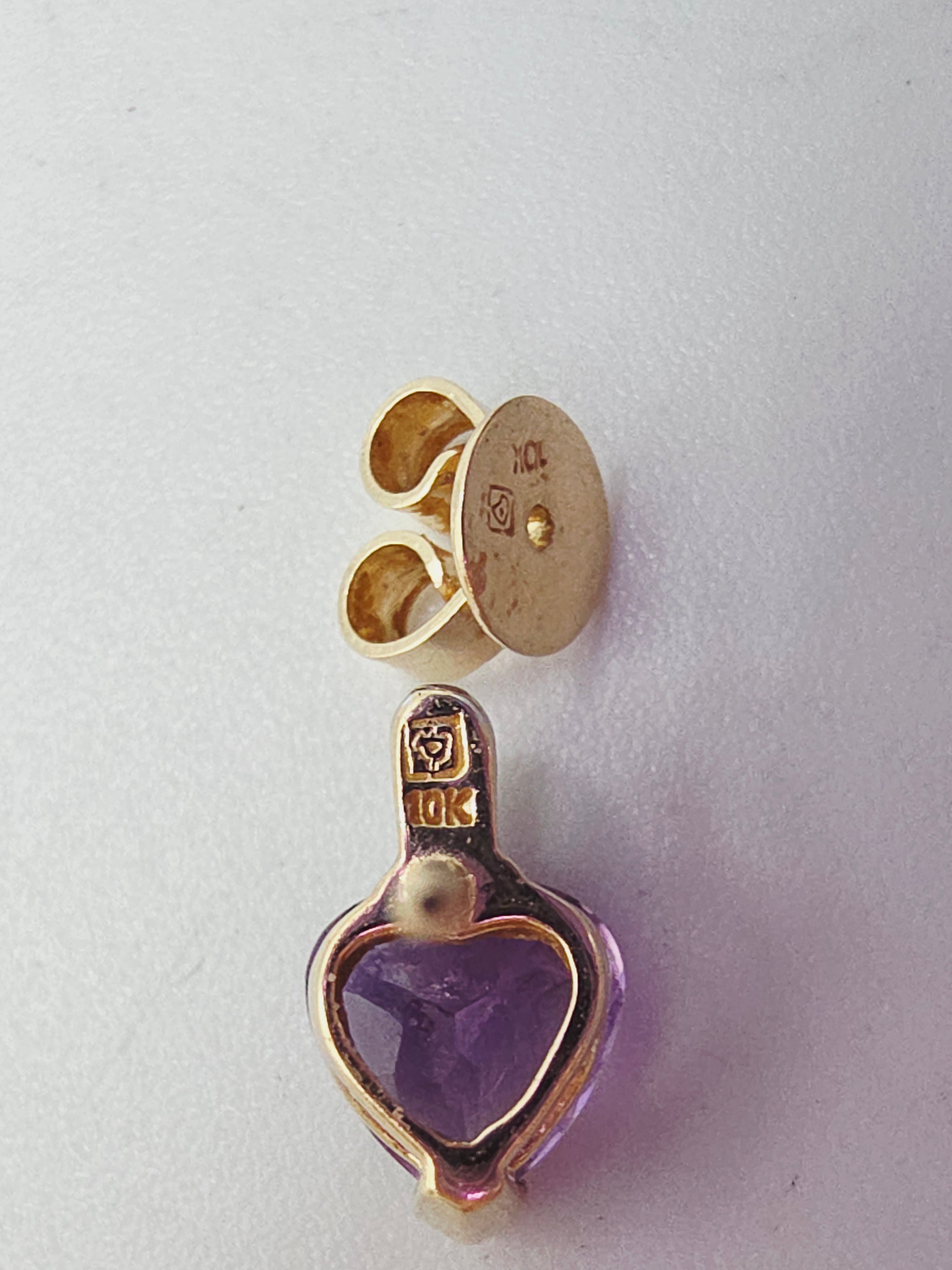Solid 10 Two-Tone Gold Stud Earrings with Heart-Cut Amethyst