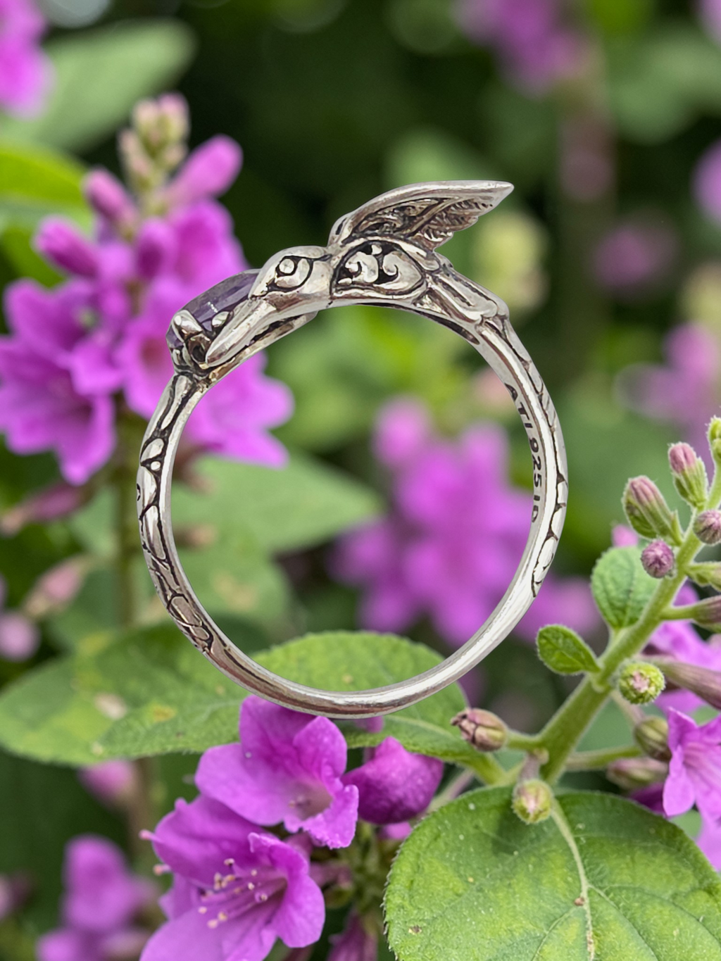 925 Sterling Silver Ring with Pear Cut Amethyst & Hummingbird - Size 8