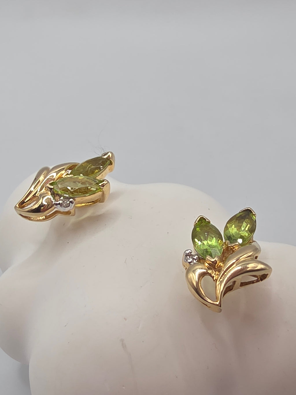 Solid 14K Yellow Gold Marquise Peridot and Diamond Floral Stud Earrings