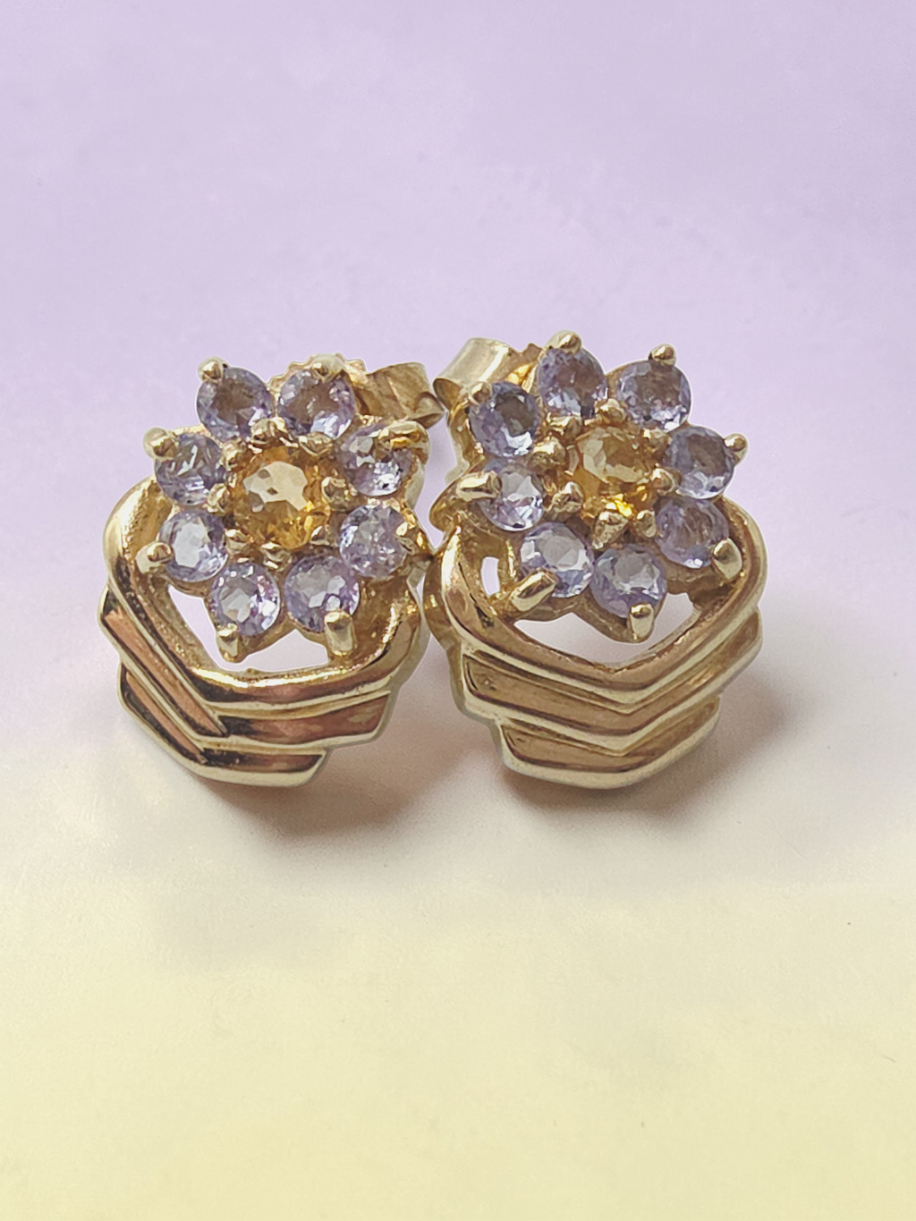 Solid 10K Yellow Gold Citrine & Tanzanite Floral Stud Earrings