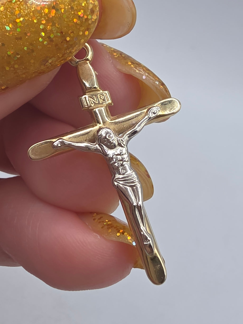 Vintage OroAmerica Solid 14K Two Tone Gold Crucifix Cross Jesus INRI Pendant