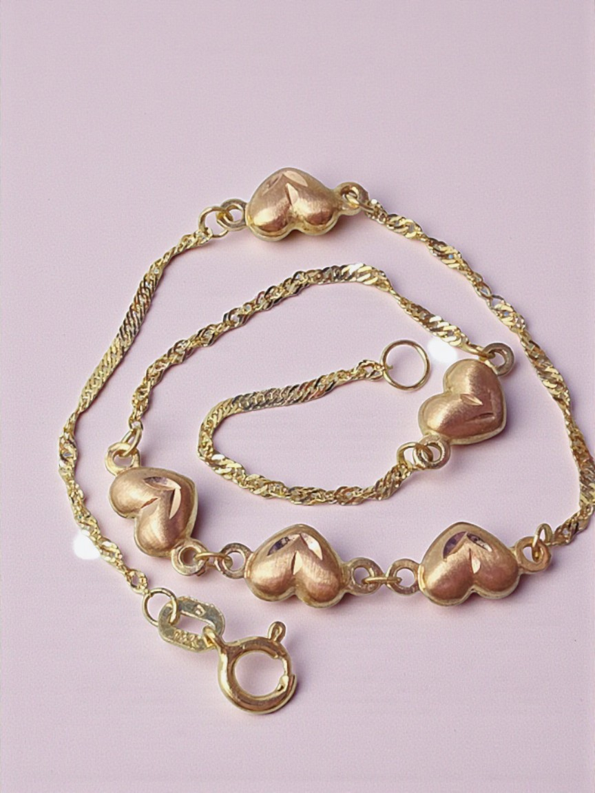 Solid 14K Yellow Gold Bracelet with 3D Rose Gold Hearts - 7.5 Inches