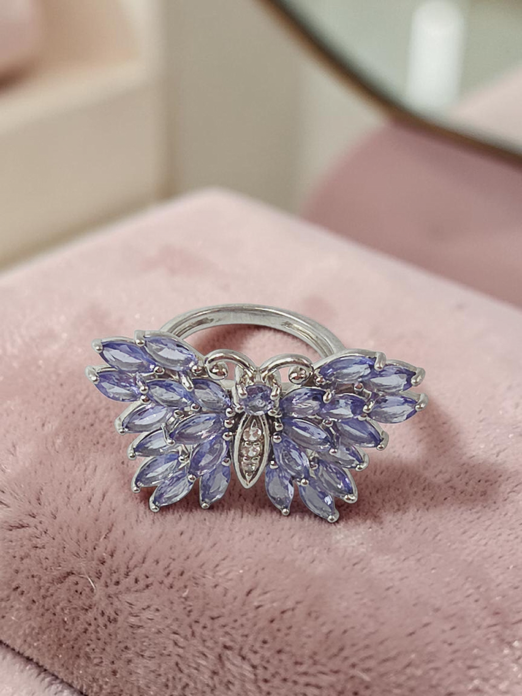 Sterling Silver Butterfly Ring with Iolite Wings and White Topaz Body - Size 5