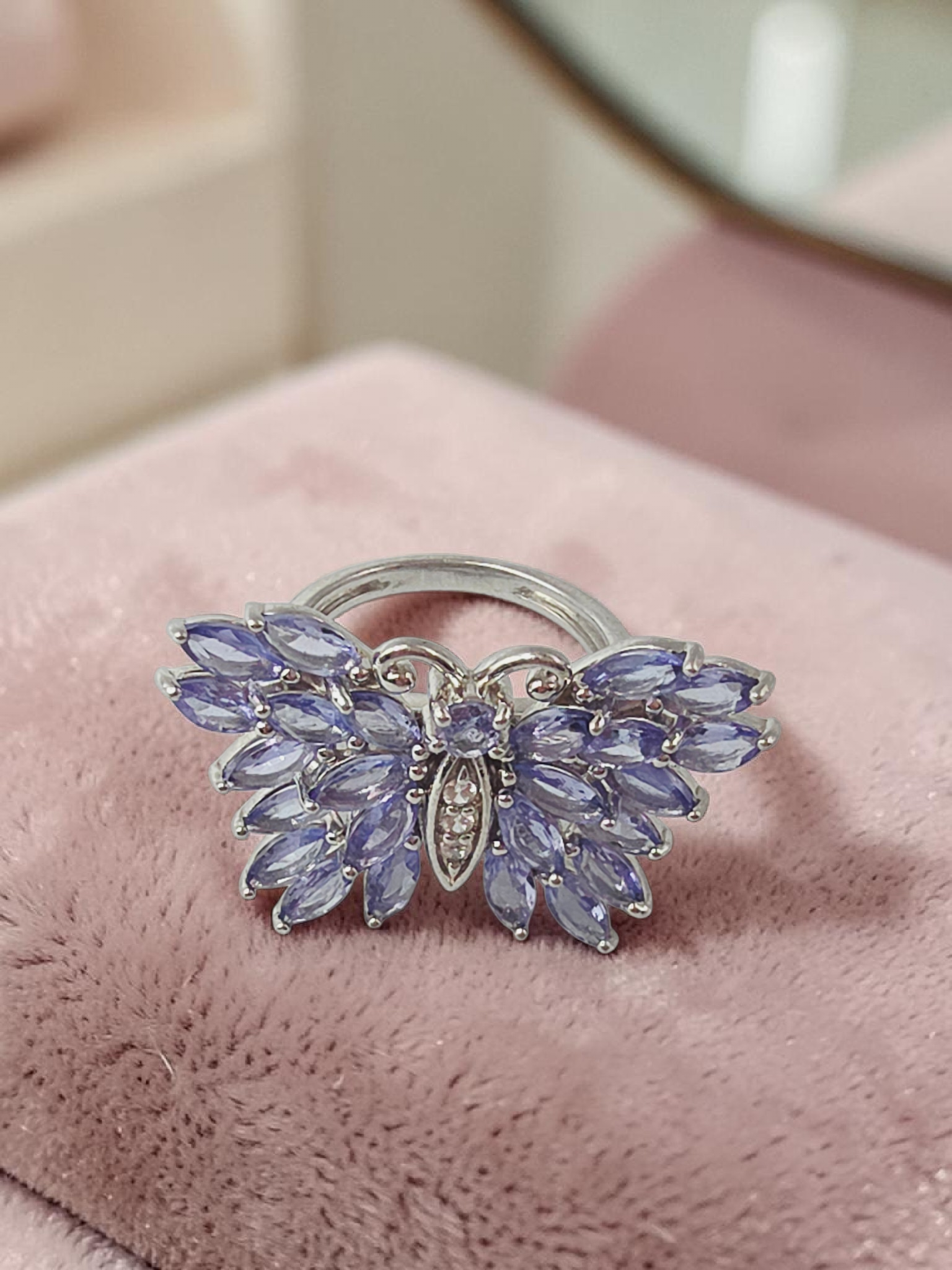 Sterling Silver Butterfly Ring with Iolite Wings and White Topaz Body - Size 5