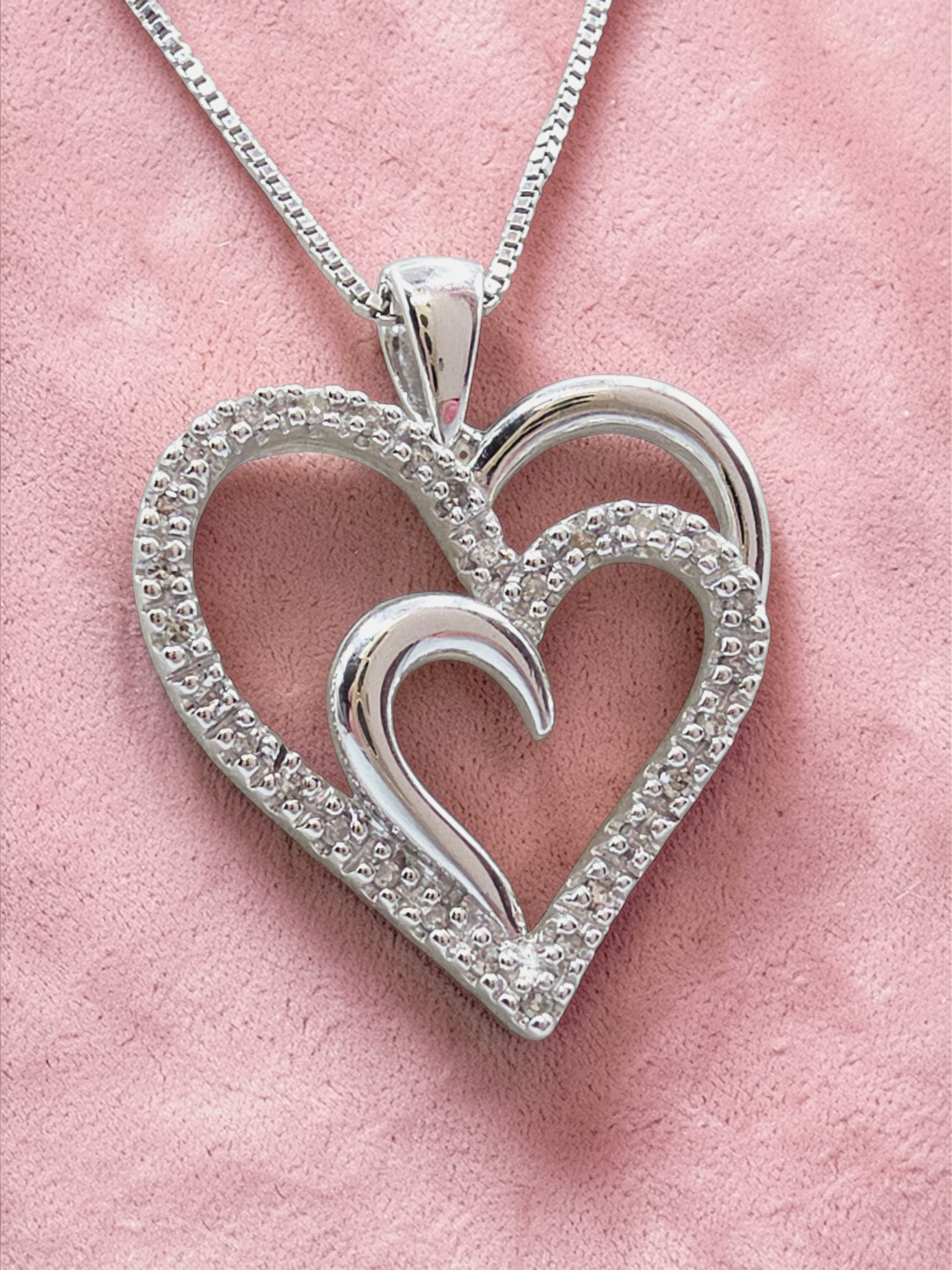 Sun Jewelry 925 Sterling Silver Double Heart Diamond Pendant Necklace - 18 Inch