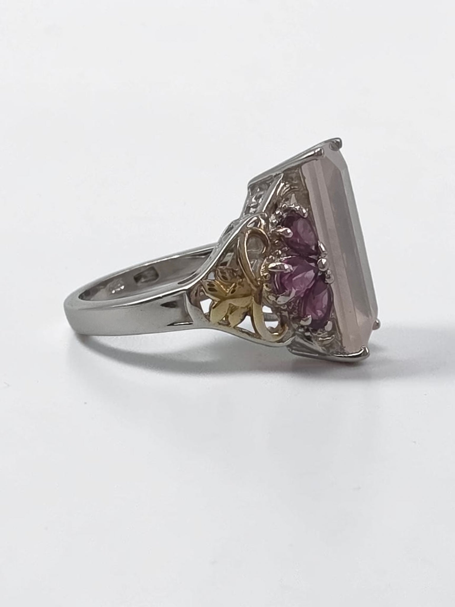 STS Jewels Sterling Silver Pink Quarts & Rhodolite Ring 18K Gold Accents Size 7
