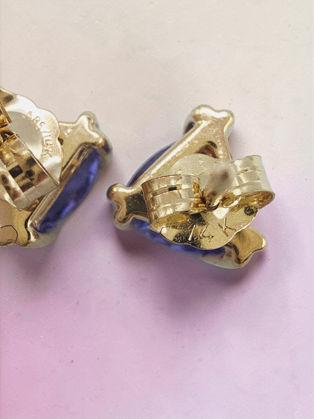 Solid 14K Yellow Gold Trillion Cut Iolite Stud Earrings - Eagle Prongs
