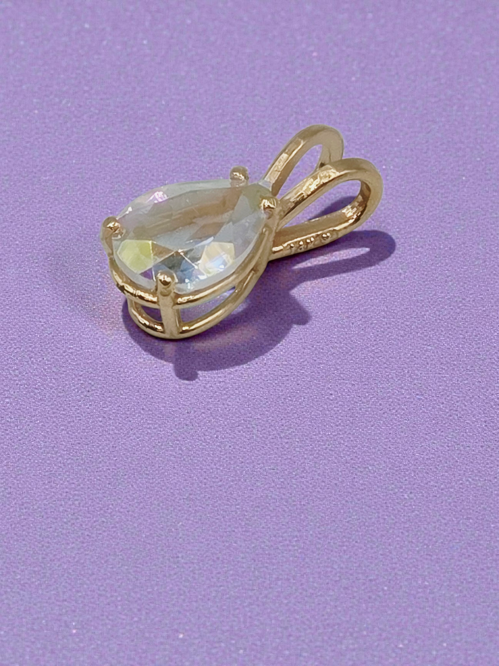 Solid 10K Yellow Gold Pendant with Pear Cut Rainbow Gemstone
