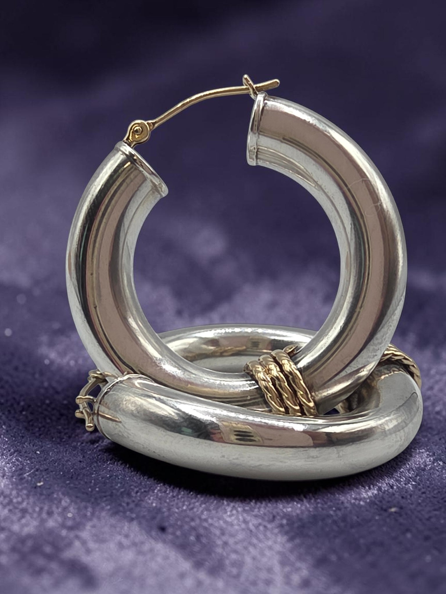 925 Sterling Silver Hoop Earrings with Solid 14K Gold Twisted Rope Accents