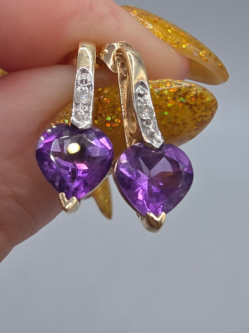 SDC Creations Solid 10K Yellow Gold Heart Cut Amethyst Diamond Drop Earrings