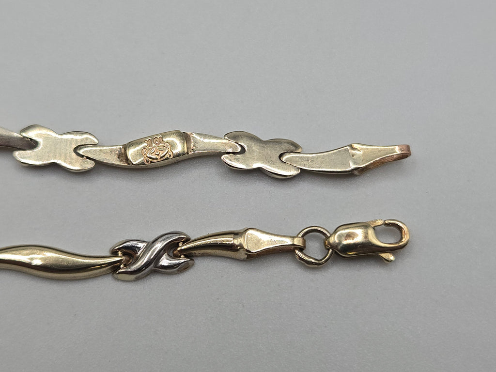 Solid 10K Two Tone Gold Criss Cross X Link Wave Station Bracelet 7.25 Inch