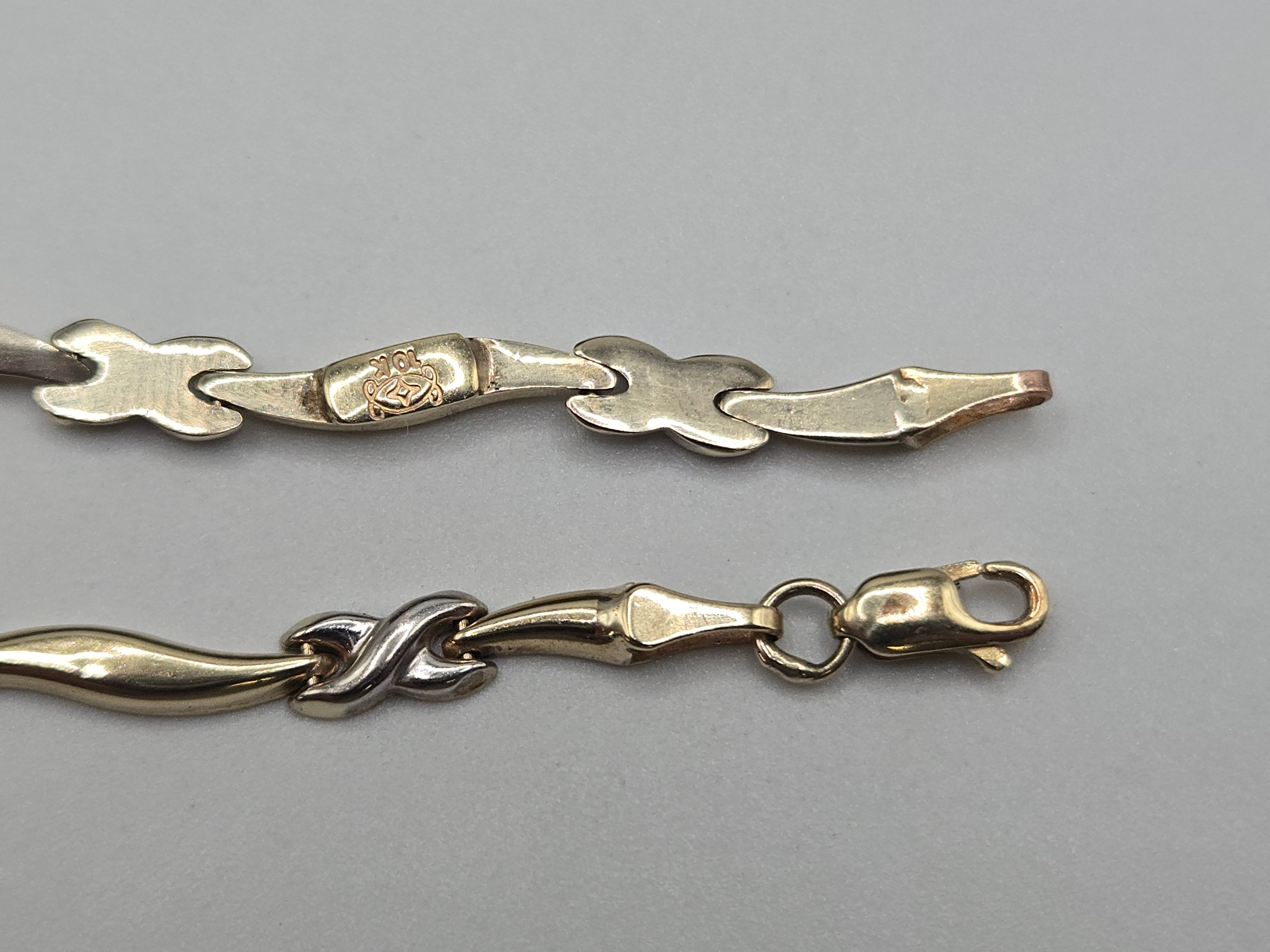 Solid 10K Two Tone Gold Criss Cross X Link Wave Station Bracelet 7.25 Inch