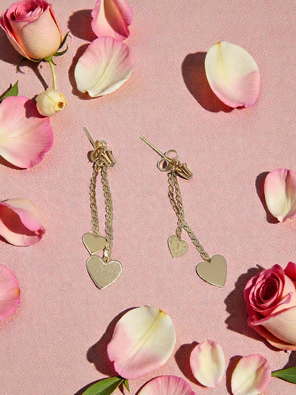 Vintage NABCO Solid 14K Gold Dangle Heart Earrings with White Topaz Accents