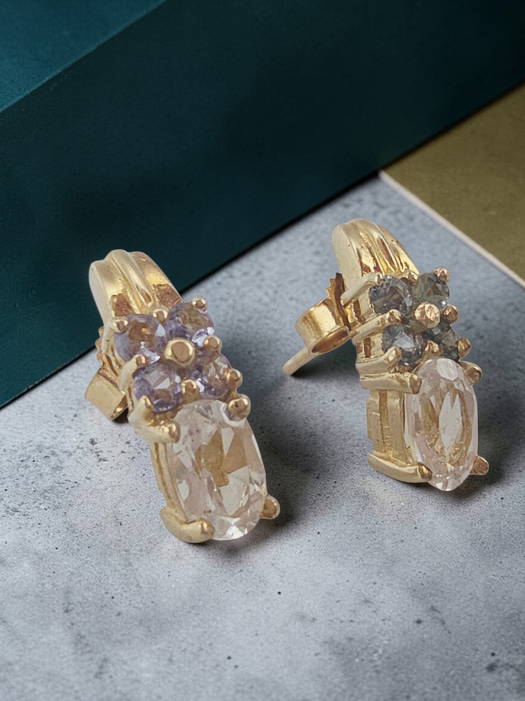 Solid 10K Yellow Gold White Topaz Stud Earrings with Blue & Purple Gemstones