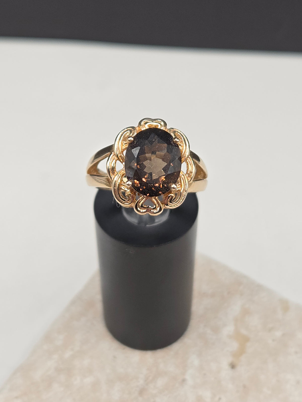 925 Sterling Silver 10K Gold Vermeil Smoky Quartz Scroll Cocktail Ring - Size 7
