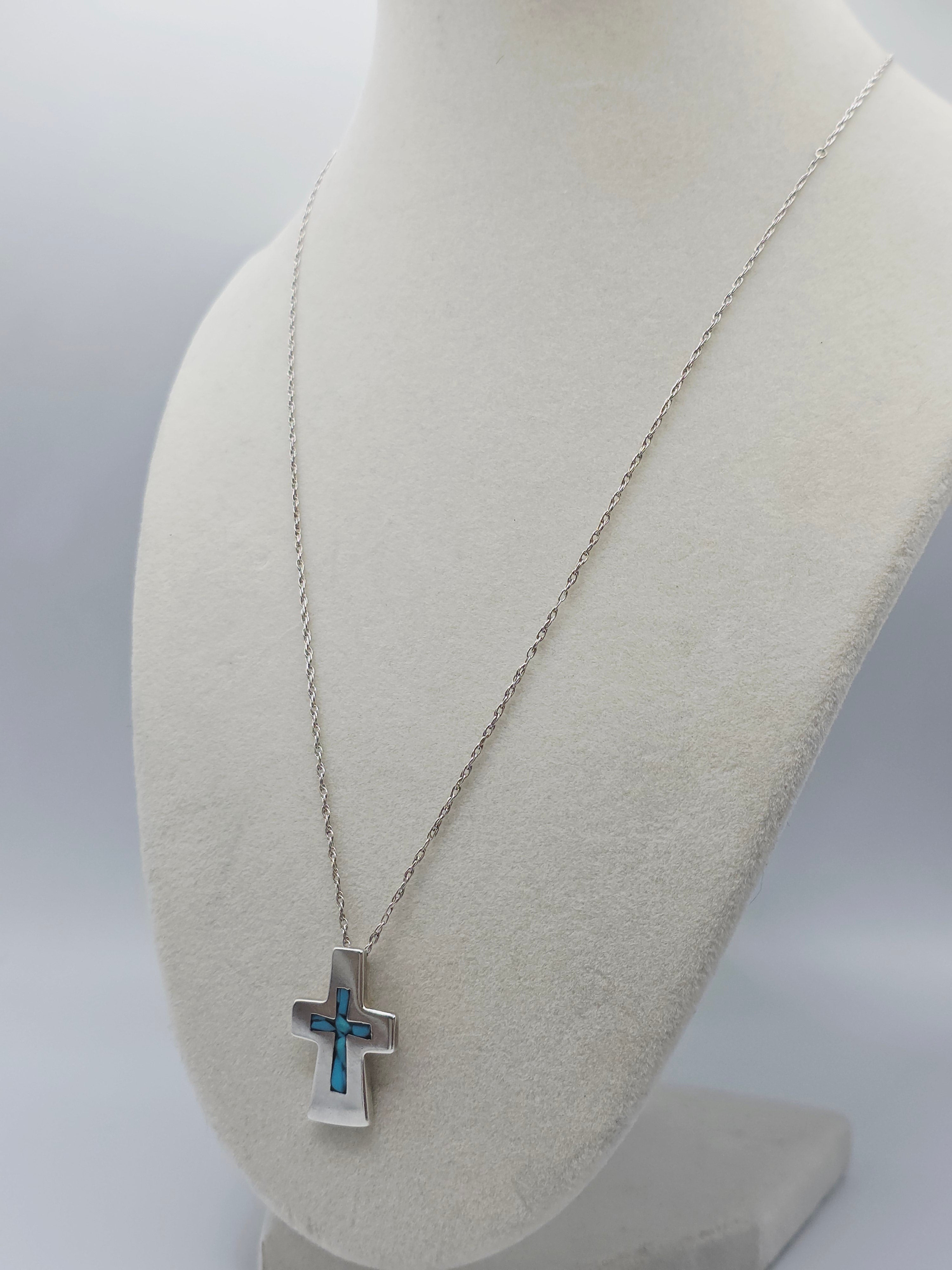 925 Sterling Silver Cross with Blue Inlay Pendant Necklace – 19 Inch
