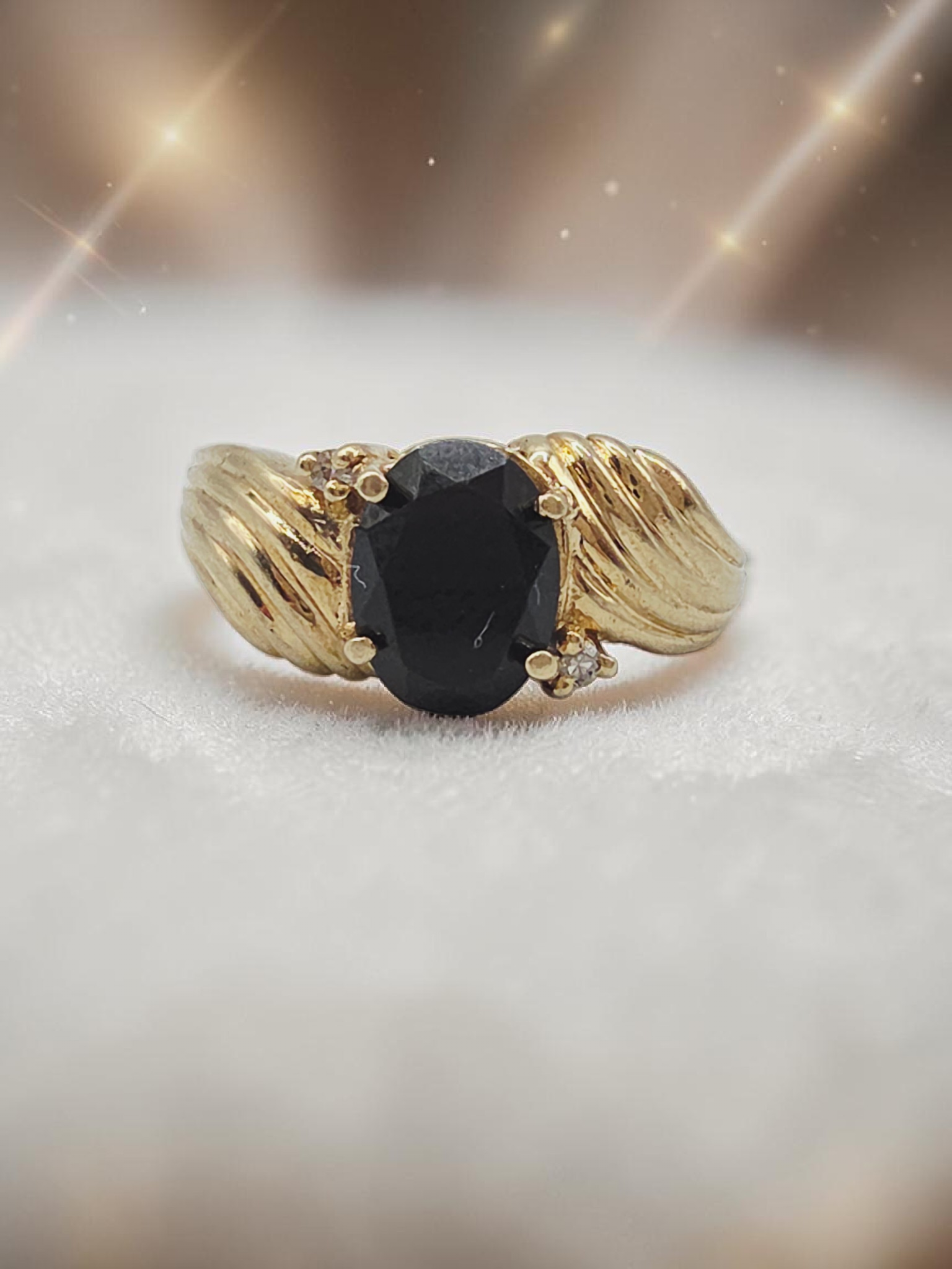 Solid 10K Yellow Gold Ring with Oval-Cut Black Onyx & Diamond Accents – Size 6.5