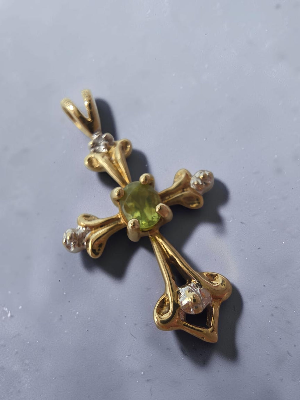 Solid 10K Yellow Gold Oval Peridot Cross Pendant with Diamond Accent